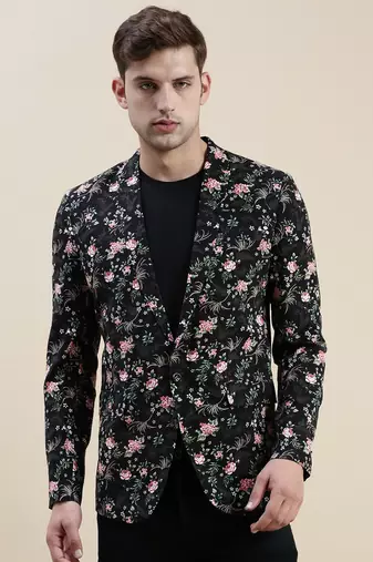 SHOWOFF Men's Printed Notched Lapel Black Tuxedo Blazer
