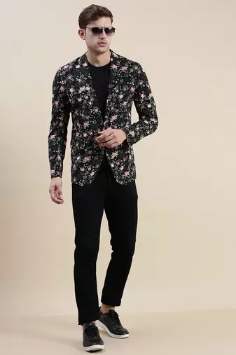 SHOWOFF Men's Printed Notched Lapel Black Tuxedo Blazer