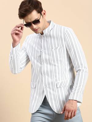SHOWOFF Men's Striped Mandarin Collar Slim Fit Bandhgala White Blazer 1