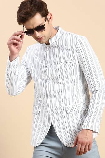 SHOWOFF Men's Striped Mandarin Collar Slim Fit Bandhgala White Blazer