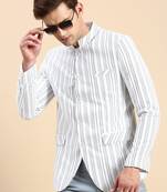 SHOWOFF Men's Striped Mandarin Collar Slim Fit Bandhgala White Blazer