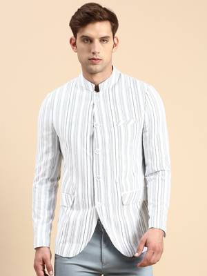 SHOWOFF Men's Striped Mandarin Collar Slim Fit Bandhgala White Blazer 2