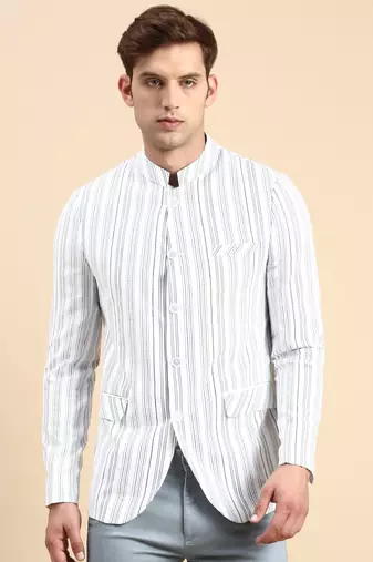 SHOWOFF Men's Striped Mandarin Collar Slim Fit Bandhgala White Blazer