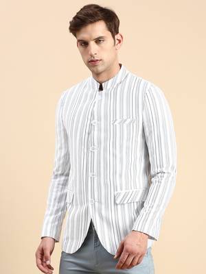 SHOWOFF Men's Striped Mandarin Collar Slim Fit Bandhgala White Blazer 3