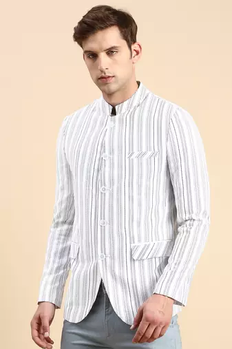 SHOWOFF Men's Striped Mandarin Collar Slim Fit Bandhgala White Blazer