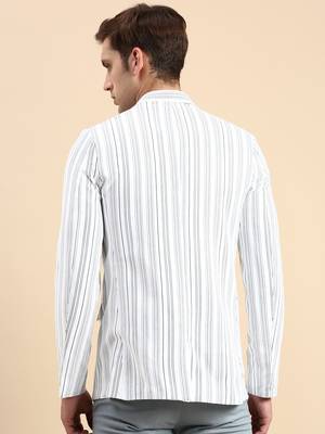 SHOWOFF Men's Striped Mandarin Collar Slim Fit Bandhgala White Blazer 4