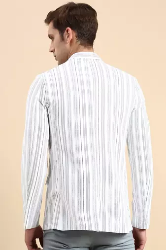 SHOWOFF Men's Striped Mandarin Collar Slim Fit Bandhgala White Blazer