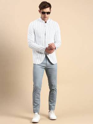 SHOWOFF Men's Striped Mandarin Collar Slim Fit Bandhgala White Blazer 5