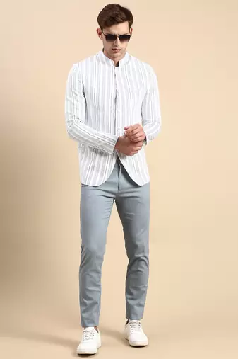 SHOWOFF Men's Striped Mandarin Collar Slim Fit Bandhgala White Blazer