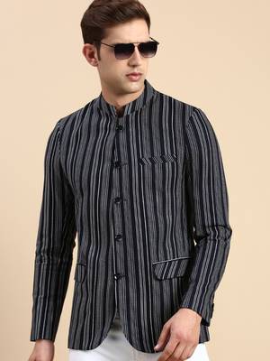 SHOWOFF Men's Striped Mandarin Collar Slim Fit Bandhgala Navy Blue Blazer 1
