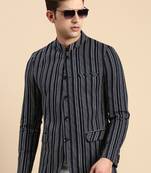 SHOWOFF Men's Striped Mandarin Collar Slim Fit Bandhgala Navy Blue Blazer