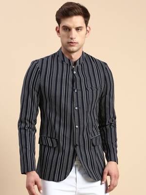 SHOWOFF Men's Striped Mandarin Collar Slim Fit Bandhgala Navy Blue Blazer 2