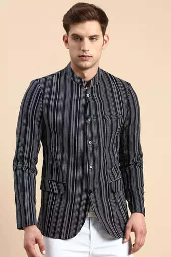 SHOWOFF Men's Striped Mandarin Collar Slim Fit Bandhgala Navy Blue Blazer