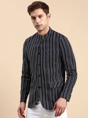 SHOWOFF Men's Striped Mandarin Collar Slim Fit Bandhgala Navy Blue Blazer 3