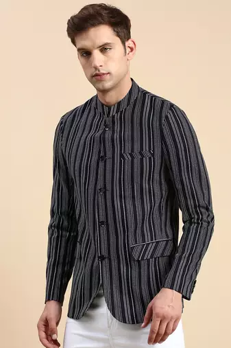 SHOWOFF Men's Striped Mandarin Collar Slim Fit Bandhgala Navy Blue Blazer