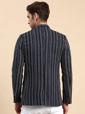 SHOWOFF Men's Striped Mandarin Collar Slim Fit Bandhgala Navy Blue Blazer 4