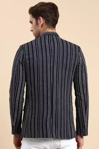 SHOWOFF Men's Striped Mandarin Collar Slim Fit Bandhgala Navy Blue Blazer