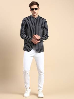 SHOWOFF Men's Striped Mandarin Collar Slim Fit Bandhgala Navy Blue Blazer 5