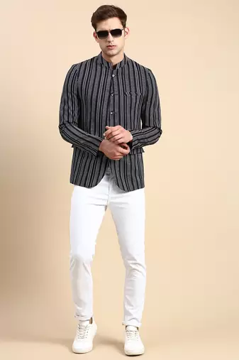 SHOWOFF Men's Striped Mandarin Collar Slim Fit Bandhgala Navy Blue Blazer