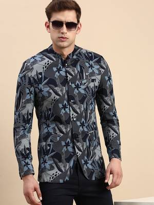 Men's Printed Mandarin Collar Slim Fit Bandhgala Navy Blue Blazer 1