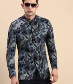 Men's Printed Mandarin Collar Slim Fit Bandhgala Navy Blue Blazer