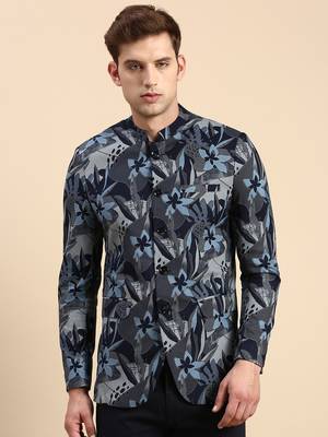 Men's Printed Mandarin Collar Slim Fit Bandhgala Navy Blue Blazer 2