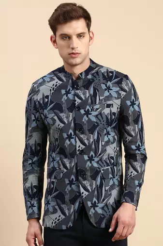 Men's Printed Mandarin Collar Slim Fit Bandhgala Navy Blue Blazer