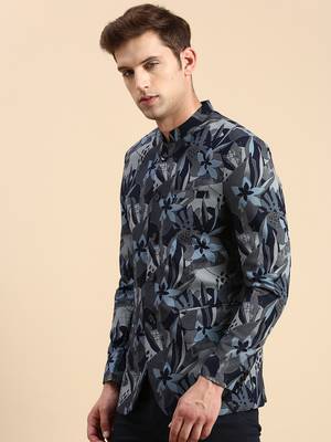 Men's Printed Mandarin Collar Slim Fit Bandhgala Navy Blue Blazer 3