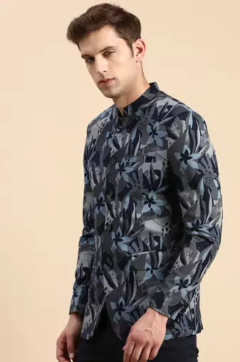 Men's Printed Mandarin Collar Slim Fit Bandhgala Navy Blue Blazer