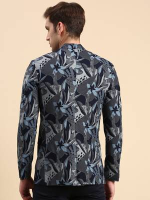 Men's Printed Mandarin Collar Slim Fit Bandhgala Navy Blue Blazer 4