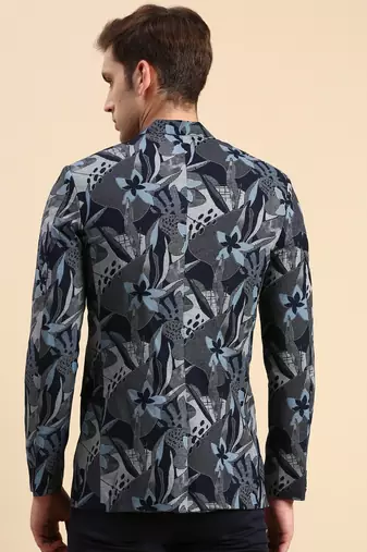 Men's Printed Mandarin Collar Slim Fit Bandhgala Navy Blue Blazer