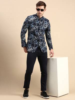 Men's Printed Mandarin Collar Slim Fit Bandhgala Navy Blue Blazer 5