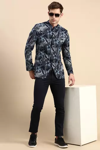 Men's Printed Mandarin Collar Slim Fit Bandhgala Navy Blue Blazer
