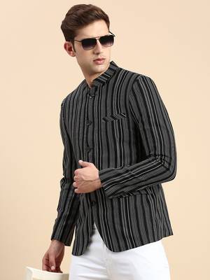 Men's Striped Mandarin Collar Slim Fit Bandhgala Black Blazer 1