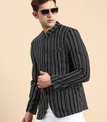 Men's Striped Mandarin Collar Slim Fit Bandhgala Black Blazer