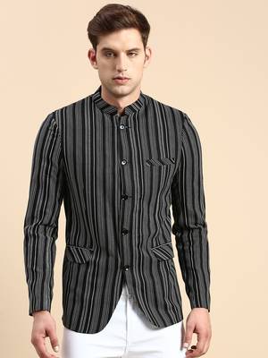 Men's Striped Mandarin Collar Slim Fit Bandhgala Black Blazer 2