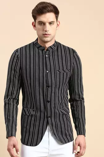 Men's Striped Mandarin Collar Slim Fit Bandhgala Black Blazer