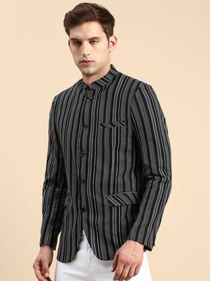 Men's Striped Mandarin Collar Slim Fit Bandhgala Black Blazer 3