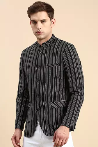 Men's Striped Mandarin Collar Slim Fit Bandhgala Black Blazer