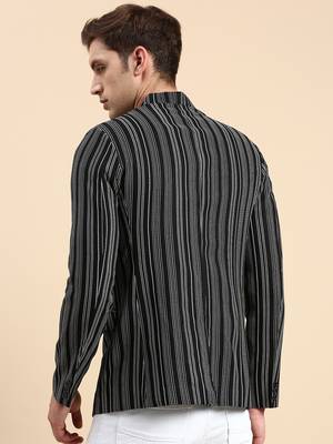 Men's Striped Mandarin Collar Slim Fit Bandhgala Black Blazer 4