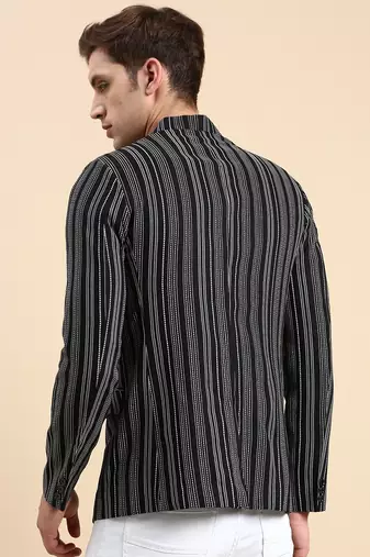 Men's Striped Mandarin Collar Slim Fit Bandhgala Black Blazer