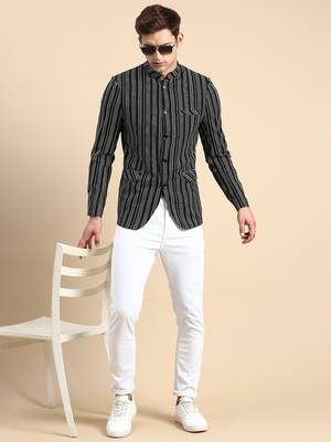 Men's Striped Mandarin Collar Slim Fit Bandhgala Black Blazer 5