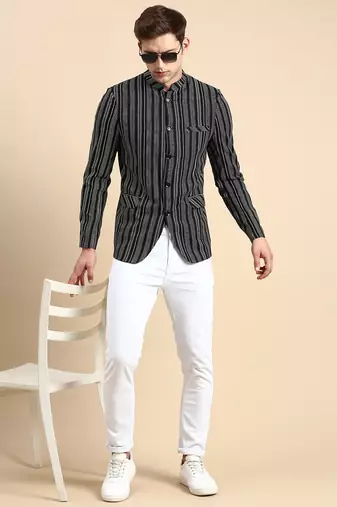 Men's Striped Mandarin Collar Slim Fit Bandhgala Black Blazer
