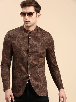 SHOWOFF Men's Printed Mandarin Collar Slim Fit Bandhgala Brown Blazer 1