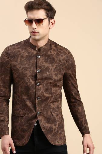 SHOWOFF Men's Printed Mandarin Collar Slim Fit Bandhgala Brown Blazer