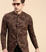SHOWOFF Men's Printed Mandarin Collar Slim Fit Bandhgala Brown Blazer