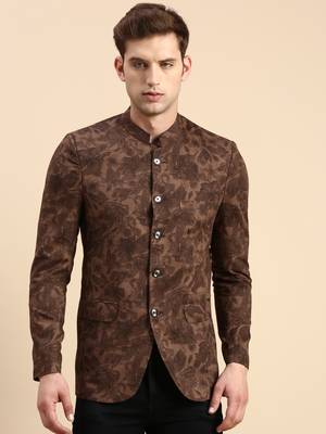 SHOWOFF Men's Printed Mandarin Collar Slim Fit Bandhgala Brown Blazer 2