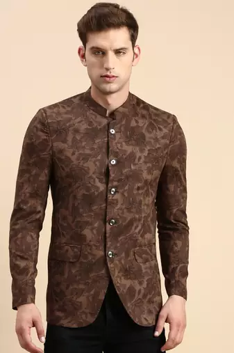 SHOWOFF Men's Printed Mandarin Collar Slim Fit Bandhgala Brown Blazer
