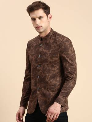 SHOWOFF Men's Printed Mandarin Collar Slim Fit Bandhgala Brown Blazer 3