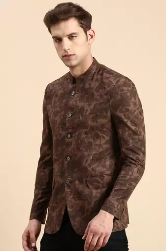 SHOWOFF Men's Printed Mandarin Collar Slim Fit Bandhgala Brown Blazer